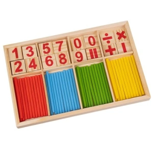Joc educativ matematic din lemn cu betisoare colorate, numere si simboluri, 72 piese pentru invatare interactiva