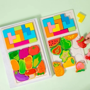 Joc educativ pentru copii, puzzle tetris, Montessori, legume colorate, lemn, 28.5 x 17 cm, varsta 3+ ani, multicolor - Img 2