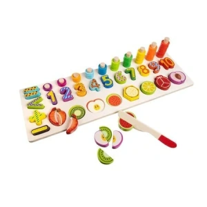 Joc educativ sortator din lemn cu numere si fructe de taiat magnetice pentru copii - Multicolor