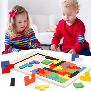 Joc puzzle pentru copii, tetris, educativ, 40 piese, lemn, culori pastelate, 3+ ani, 26.5 x 17.7 cm - Img 5