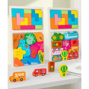 Joc puzzle, tip tetris, pentru copii, 2 in 1, animale marine, Montessori, lemn, 28.5 x 17 cm, multicolor - Img 6