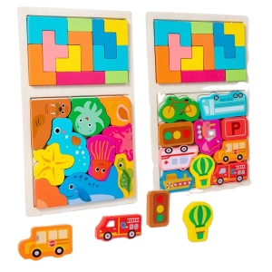 Joc tetris pentru copii, puzzle educativ, masini, lemn, 21 piese, Montessori, multicolor, 28.5 x 17 x 1.2 cm - Img 6