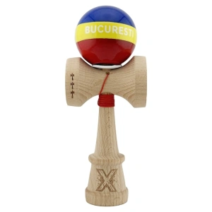 Kendama profesionala din lemn, editia Bucuresti tricolor, Super Sticky, cupe mari King Size V3, rulment metalic, gaura in baza, 18 cm, multicolor - Img 5