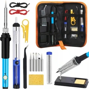 Kit pentru lipit, 15 piese, pistol de lipit 60W temperatura ajustabila 200-450°C, ceramic, 5 capete, pompa dezlipire, suport, husa depozitare, portocaliunegru - pentru bricolaj si uz profesional - Img 1