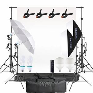 Kit profesional iluminare studio cu fundal alb, 2 softboxuri, 2 umbrele, 2 becuri fluorescente 150W si 2 LED 120W 5500K cu telecomanda, stative 200 cm