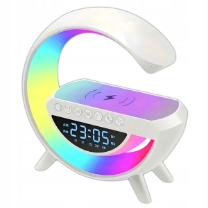 Lampa ambientala LED RGB 23.8 x 23.5 x 8 cm, incarcare wireless Qi 15W, difuzor Bluetooth, radio FM, ceas digital si alarma, 7 efecte luminoase
