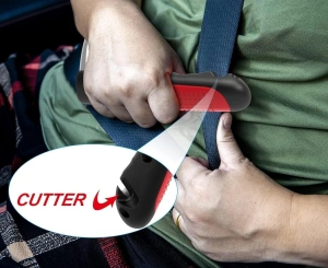 Maner auto 4 in 1 pentru siguranta masina, ciocan geam cutter centura lanterna LED si sprijin, rosu negru - Img 7