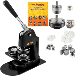 Masina 2 in 1 de facut insigne, include matrite 32 mm si 58 mm, kit complet 500 piese, maner ergonomic, ideal pentru branding, scoli, ateliere creative si proiecte DIY