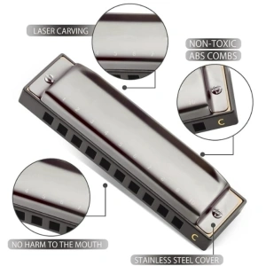 Muzicuta neagra argintie 10 x 2.8 x 2 cm, diatonica cu 10 gauri, acordaj Do, cu cutie de protectie, instrument muzical pentru copii si adulti - Img 7