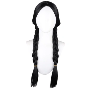 Peruca feminina lunga pentru costume si petreceri tematice, doua codite impletite, par sintetic negru, 55 cm - Img 2