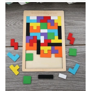 Puzzle educativ montessori multicolor 26.5 x 17.7 cm, joc din lemn cu 40 piese tip tetris, dezvoltare logica, memorie si coordonare pentru copii - Img 8
