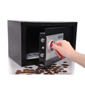 Seif metalic antiefractie cu inchidere digitala si cheie de siguranta, capacitate 10L, otel rezistent, montaj pe perete, negru elegant - Img 6