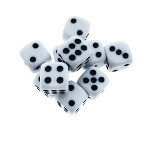 Set 10 zaruri, dimensiune 10 mm, albe cu puncte negre, plastic, pentru jocuri de societate sau jocuri de noroc - Img 4