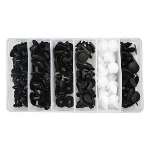Set 100 clipsuri auto universale pentru fixare, din plastic rezistent, alb/negru, cu cutie compartimentata - Img 5