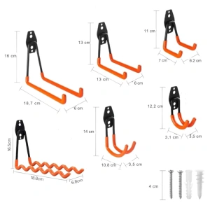 Set 12 carlige metalice perete pentru organizare garaj, suport scule, bicicleta, furtun, montaj inclus, negru portocaliu - Img 7