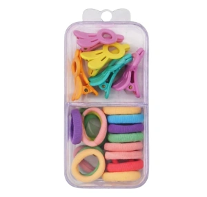 Set 18 elastice par 1.5 cm si 5 cleme 3 cm model iepuras, cutie organizator transparenta, multicolor - Img 3