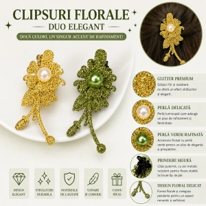 Set 2 agrafe de par aurie si verde 5 x 2 cm, model floral metalizat, accesorii elegante pentru coafuri, prindere rezistenta - Img 4