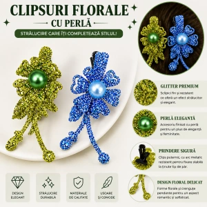 Set 2 agrafe de par verde si bleu 5 x 2 cm, model floral metalizat, accesorii pentru coafuri, fixare confortabila - Img 4