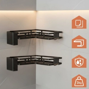 Set 2 rafturi de colt, autoadezive, pentru baie, suport si carlige pentru accesorii incluse, otel inoxidabil, 23.8 x 23.8 x 4 cm/24.8 x 24.8 x 5 cm, negru - Img 2