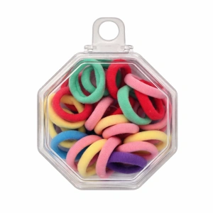 Set 25 elastice par subtiri 1.5 cm multicolor pastel, elastice textile pentru fete si femei, cutie hexagonala cu agatatoare