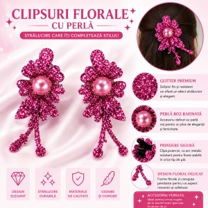 Set 4 agrafe de par roz si aurii 5 x 2 cm, model floral metalizat, 2 roz + 2 aurii, accesorii decorative pentru par - Img 4
