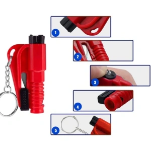 Set 4 ciocane siguranta auto spargere geam si taiere centura, tungsten si aluminiu, breloc, negru rosu galben portocaliu - Img 2