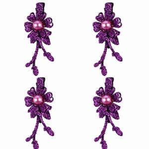 Set 4 cleme de par mov 5 x 2 cm, model floral metalizat, design floral elegant, accesorii pentru coafuri feminine