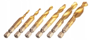 Set burghie cu tarod HSS TiN auriu M3 - M10, 6 buc, HEX 6.35 mm, pentru gaurire, filetare si debavurare in metal, aluminiu, plastic si lemn - Img 3