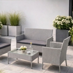 Set mobilier gradina ratan gri deschis cu canapea 2 locuri, 2 fotolii si masa sticla, perne incluse, rezistent exterior - Img 6