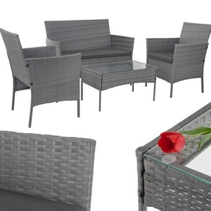 Set mobilier gradina technoratan 4 piese, canapea 2 locuri, 2 fotolii, masa cu blat sticla si perne gri inchis - Img 8