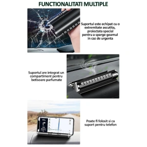 Suport numar telefon parcare auto multifunctional, suport telefon, spargere geam, compartiment parfum, aluminiu PC, negru - Img 3