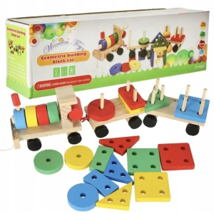 Trenulet de jucarie din lemn, 30 cm, multicolor - cu forme geometrice, puzzle arcade, locomotiva + 2 vagoane, blocuri detasabile, pentru copii 3+