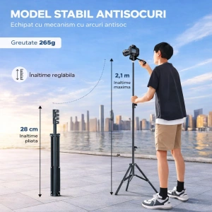 Trepied extensibil 210 cm din aluminiu cu suport reglabil pentru telefon si montura camera, stativ pliabil pentru foto video si iluminare, negru - Img 2