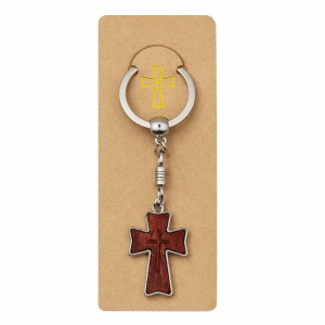 Breloc religios cruce decorativa cu snur textil impletit si margele din lemn, accesoriu crestin pentru chei sau rucsac - Img 1