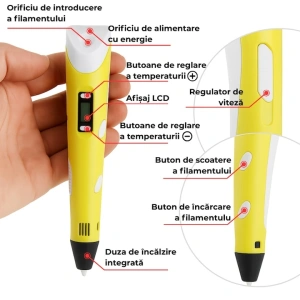 Creion 3D cu filament, galben alb, set complet 1.75 mm, 20 culori, 110 m, suport silicon, sabloane, degetare, ecran LCD, temperatura reglabila, duza ceramica - Img 5