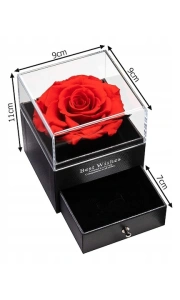 Cutie de bijuterii cu trandafir criogenat, 1 sertar, punga de cadou si felicitare, 11 x 9 x 9 cm, neagra - eleganta si emotie intr-un singur cadou - Img 3