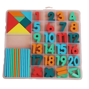Cutie de invatare pentru copii, cifre, adunare, scadere, betisoare si forme geometrice, din lemn - Multicolor - Img 1