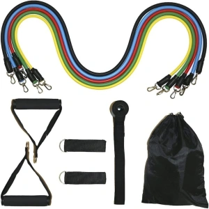 Extensor cu 5 benzi elastice de rezistenta pentru antrenament fitness, accesorii incluse, benzi din latex cu intensitati diferite, manere antiderapante, prindere la usa, saculet transport, 110 cm, mul - Img 1