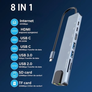 Hub adaptor multiport 8 in 1 USB-C, HDMI 4K 30Hz, Ethernet, USB 3.0, USB 2.0, Power Delivery 87W, cititor SD si MicroSD, aluminiu, gri - Img 2