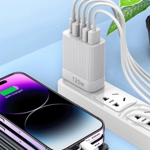 Incarcator retea 120W USB-C si USB-A 5 porturi fast charge PD universal telefon tableta alb lucios compact - Img 3