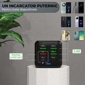 Incarcator retea 150W USB-C si USB-A 6 porturi fast charge cu display LED universal telefon laptop negru compact - Img 6