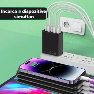 Incarcator retea 65W USB-C si USB-A 5 porturi fast charge PD QC universal telefon smartwatch negru compact - Img 3