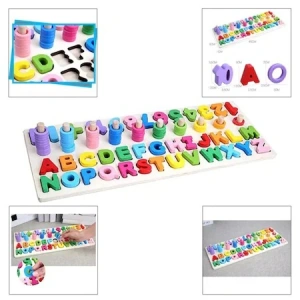Joc alfabetic pentru copii, din lemn 3 in 1, logaritmic cu litere si cifre - Multicolor - Img 6