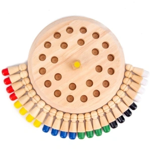 Joc de memorie Montessori din lemn, multicolor, tabla rotunda 17 cm, 24 pioni si zar colorat, joc educativ pentru dezvoltarea atentiei si memoriei, 4 ani+