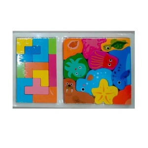 Joc puzzle, tip tetris, pentru copii, 2 in 1, animale marine, Montessori, lemn, 28.5 x 17 cm, multicolor - Img 3
