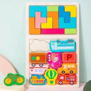 Joc tetris pentru copii, puzzle educativ, masini, lemn, 21 piese, Montessori, multicolor, 28.5 x 17 x 1.2 cm - Img 3
