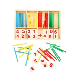 Jocul numerelor din lemn, Montessori, pentru invatarea operatiilor matematice, 2-4 jucatori, 52 betisoare, cifre, semne matematice si suport din lemn, 5-8 ani