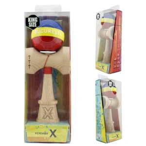 Kendama profesionala din lemn, editia Bucuresti tricolor, Super Sticky, cupe mari King Size V3, rulment metalic, gaura in baza, 18 cm, multicolor - Img 2