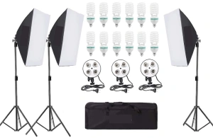 Kit de 3 softboxuri, soclu de 4 becuri, 3 trepiezi reglabili 200 cm, 12 becuri de 85W, geanta de transport inclusa - Img 1