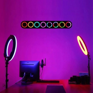 Lampa inelara LED RGB 26 cm cu doua trepiede, suport telefon si telecomanda, iluminare reglabila, inaltime 220 cm, USB 5V - Img 3